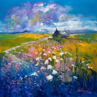 A colorful impressionistic painting of a landscape with a pathway leading through fields of flowers and a small structure under a dynamic sky. By John Lawrie Morrison OBE